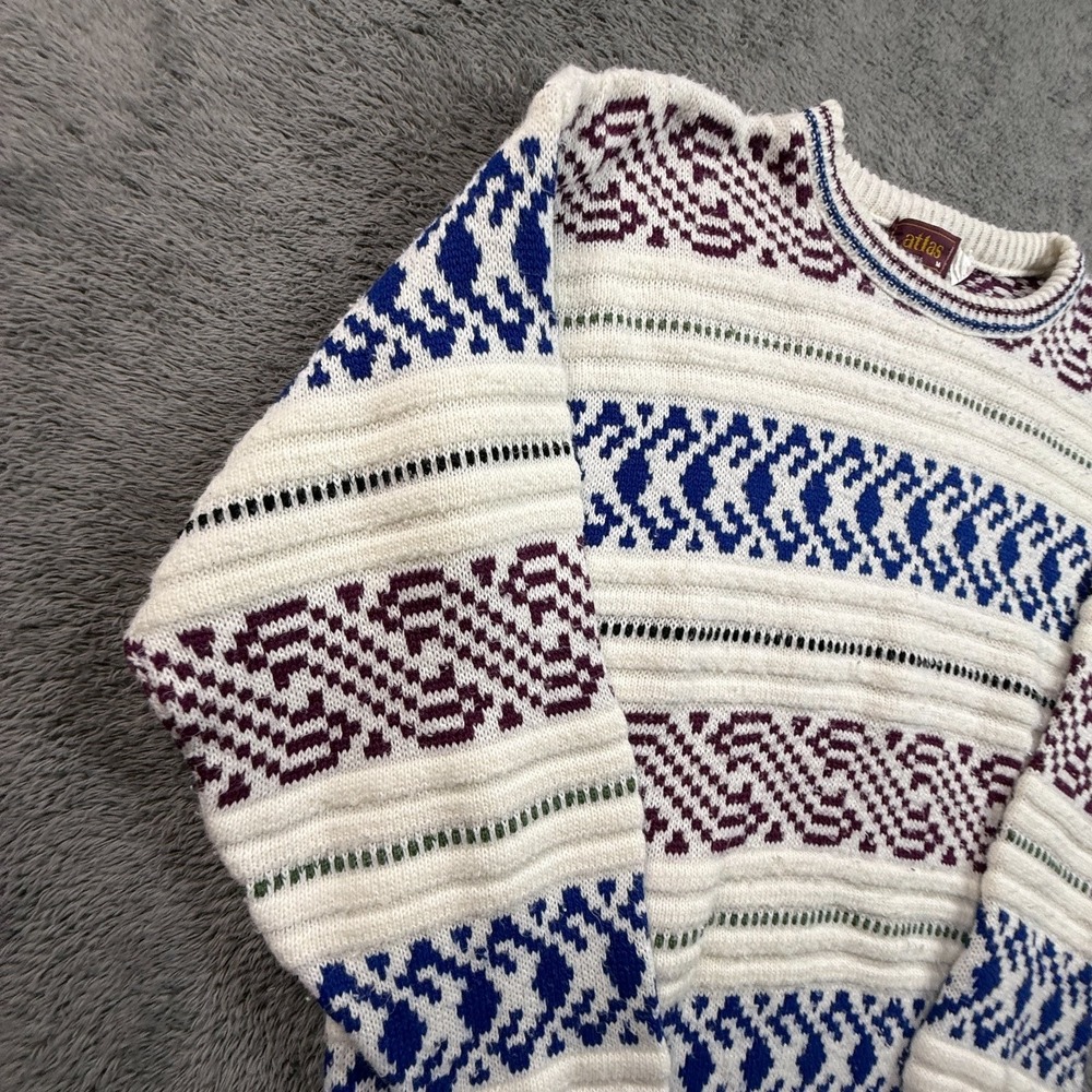 Atlas USA Mens M Vintage Knit Sweater Cream Fair Isle Patterned Crew Neck - Picture 4 of 8